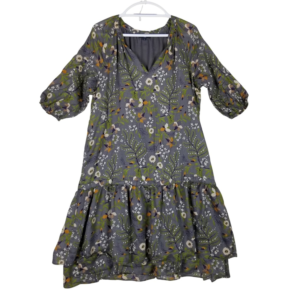 Gap Dress Womens XL Grey Floral Tiered Ruffle V-Neck Puff 3/4 Sleeve Boho Cotton